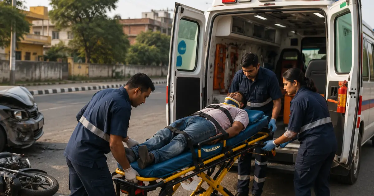 Patient being transferred to an ambulance after a road accident for emergency ICU care
